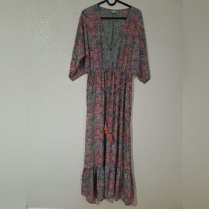 90%SILK10%VISCOSE Pink and Green Plunge Neck Maxi Dress with Bishop Sleeves